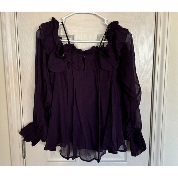 By Anthropologie Sheer Ruffled Blouse dark purple Women's Size Medium /j2 - Picture 3 of 8